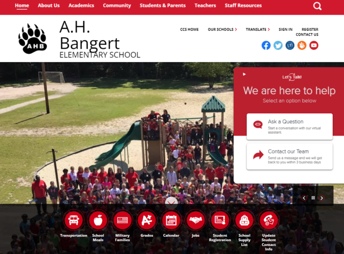 A.H. Bangert Elementary School's designated page under Craven County Schools' landing page.