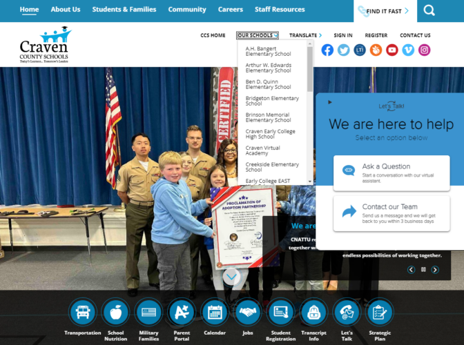 Craven County Schools' landing page featuring school tabs and Let's Talk! feature