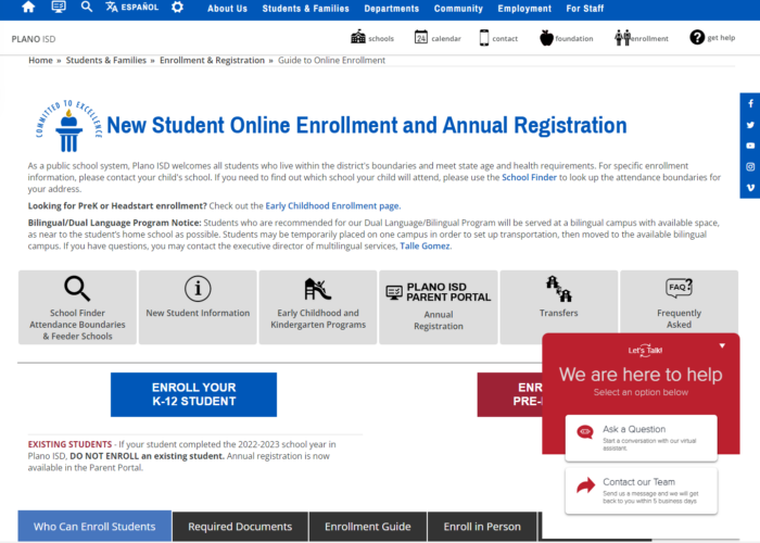 Plano ISD enrollment and registration page featuring Let's Talk!