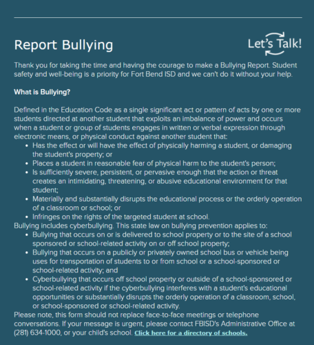 Report Bullying custom form from FBISD