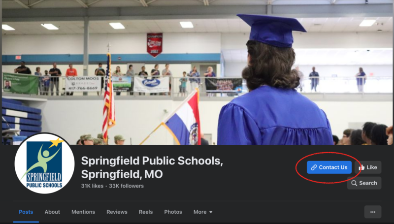 Springfield Public Schools' Facebook page contact us button