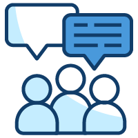 three people icons and speech bubbles in blue