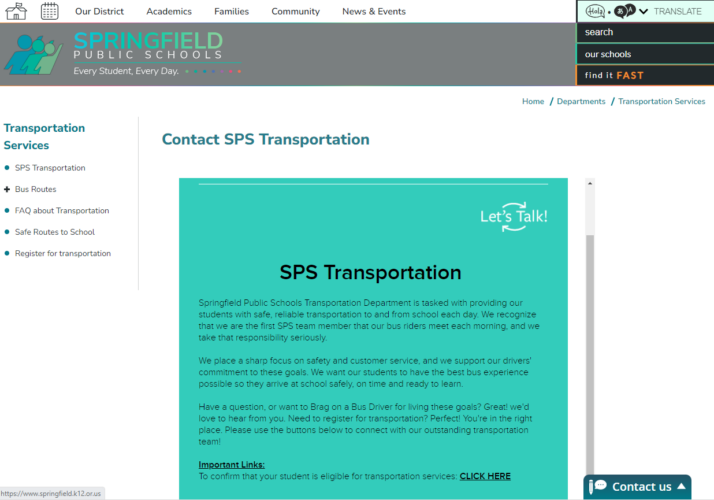 Springfield Public Schools' Transportation landing page