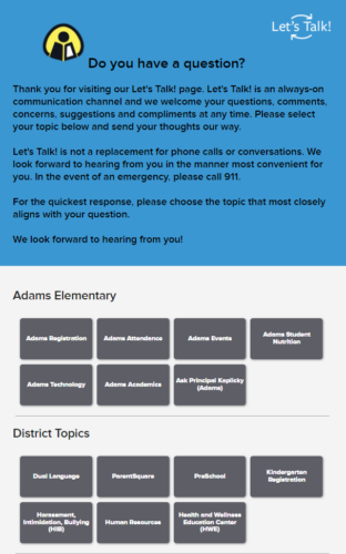 Adams Elementary School in Yakima School District's Let's Talk! page