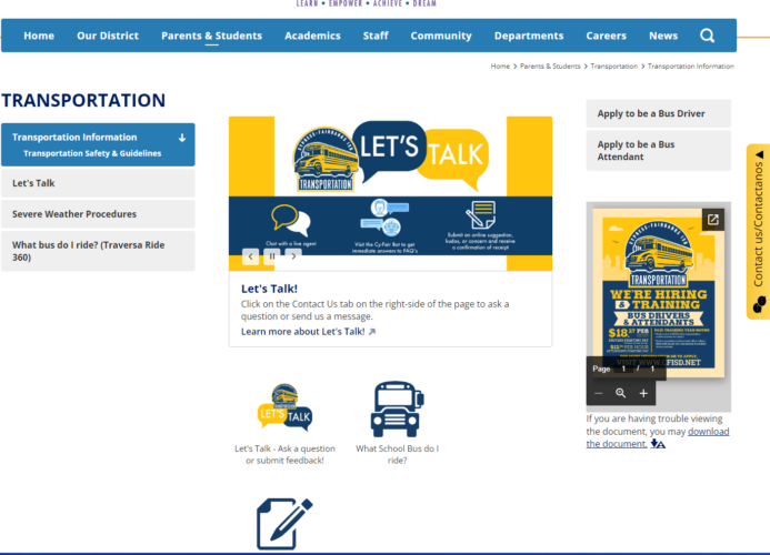 Cypress-Fairbanks ISD's transportation page with Let's Talk!