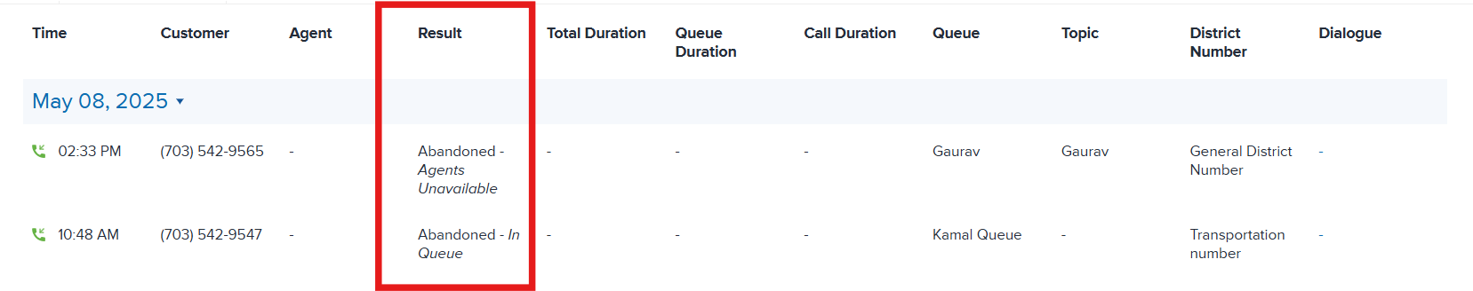 Call Center Reason