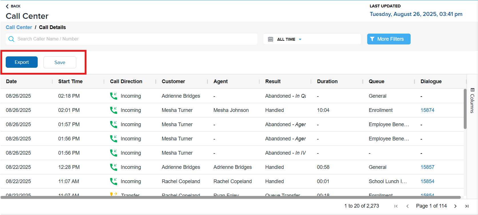 Call Details Export and Save
