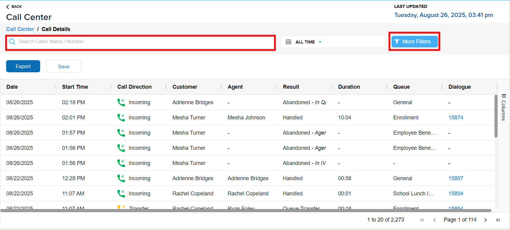 Call Details Search Bar and Filter 1